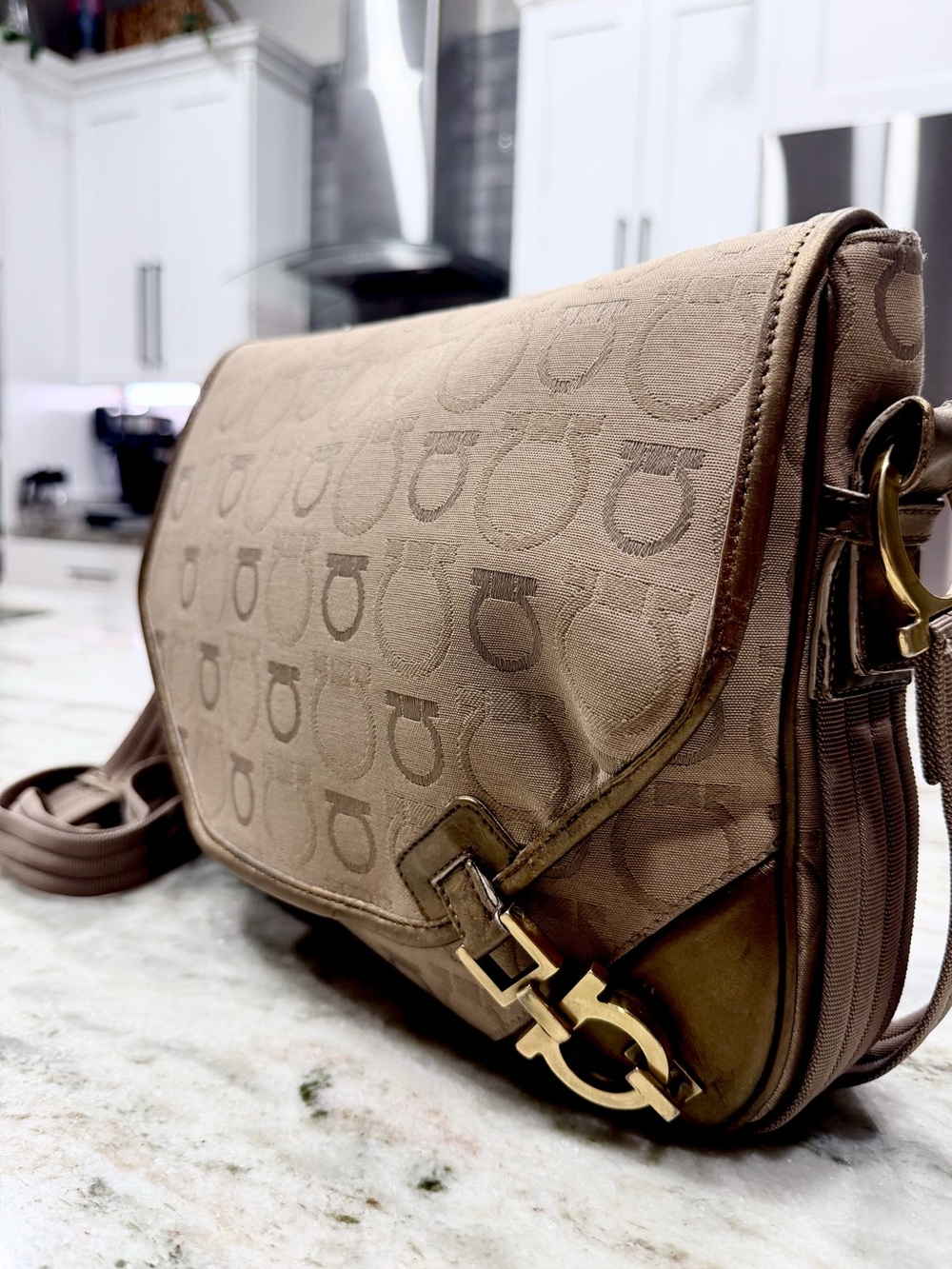 Salvatore Ferragamo Authentic Taupe and Beige Gancini Pattern Canvas Crossbody